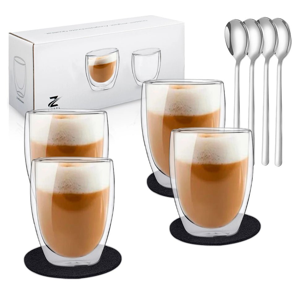 Latte Macchiato Gläser 350 ml mit Henkel, Untersetzer & Löffel