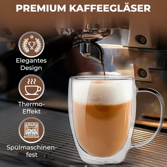 Latte Macchiato Gläser 350 ml mit Henkel, Untersetzer & Löffel