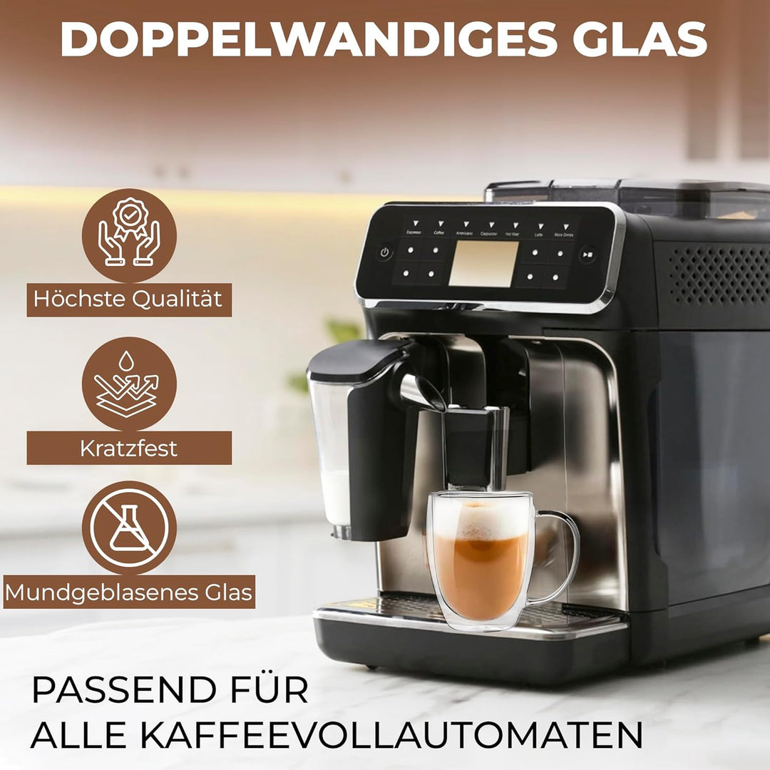 Latte Macchiato Gläser 350 ml mit Henkel, Untersetzer & Löffel