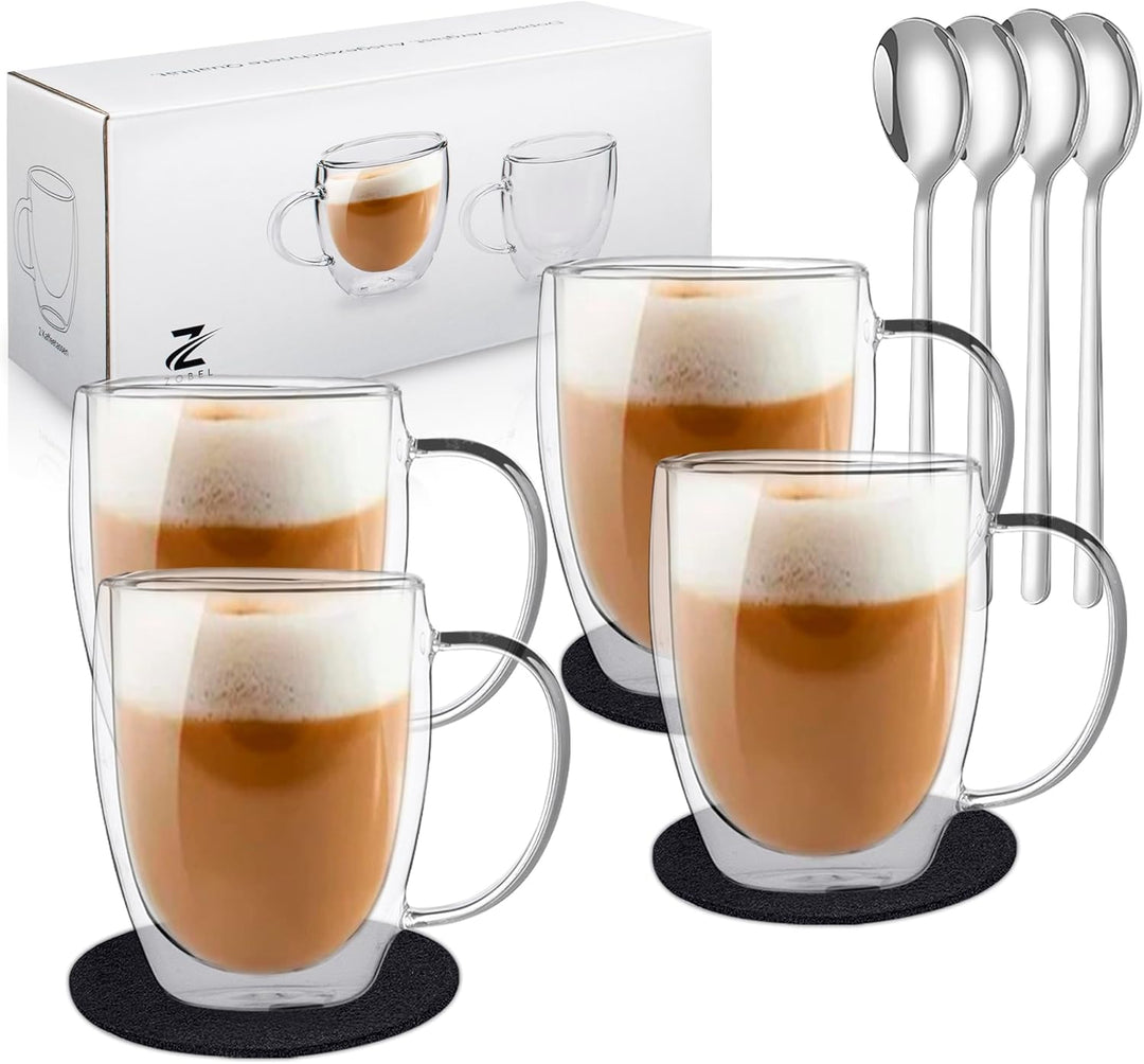 Latte Macchiato Gläser 350 ml mit Henkel, Untersetzer & Löffel