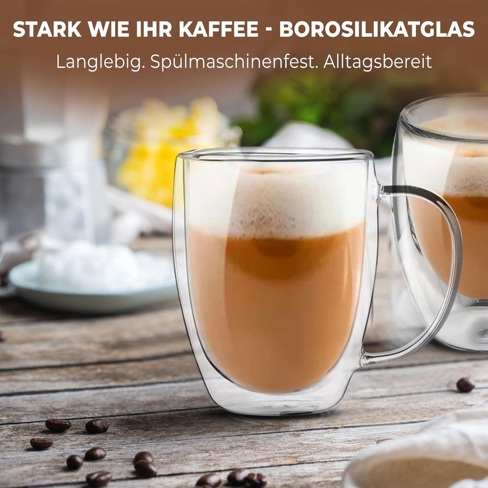 Latte Macchiato Gläser 350 ml mit Henkel, Untersetzer & Löffel