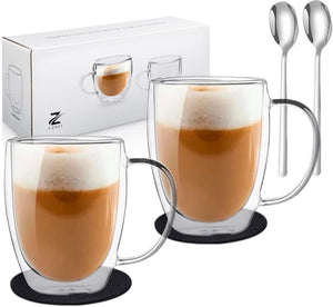 Latte Macchiato Gläser 350 ml mit Henkel, Untersetzer & Löffel