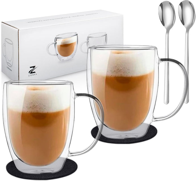 Latte Macchiato Gläser 350 ml mit Henkel, Untersetzer & Löffel