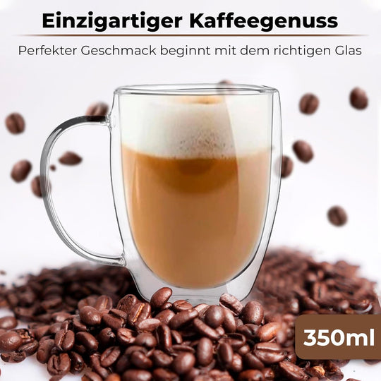 Latte Macchiato Gläser 350 ml mit Henkel, Untersetzer & Löffel