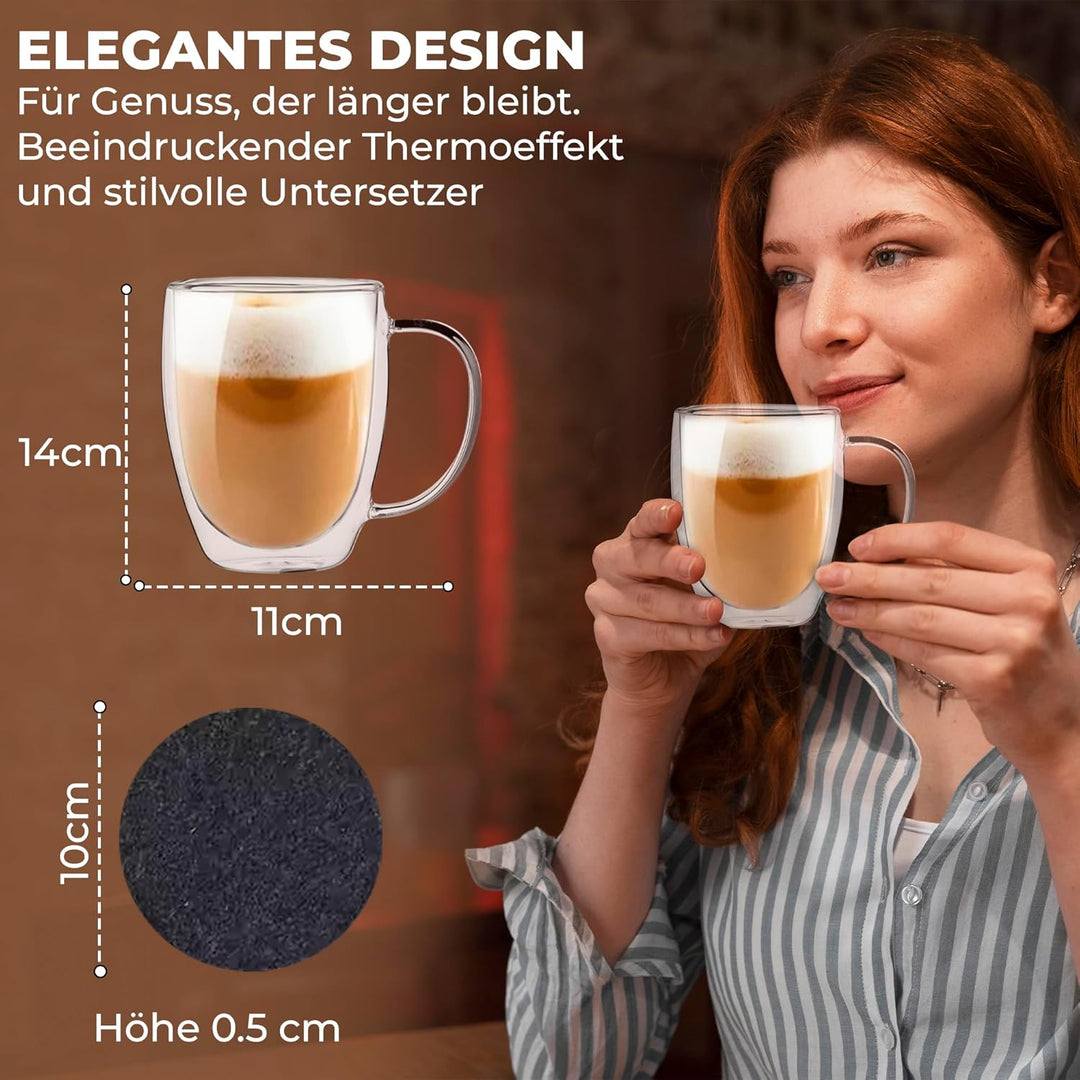 Latte Macchiato Gläser 350 ml mit Henkel, Untersetzer & Löffel