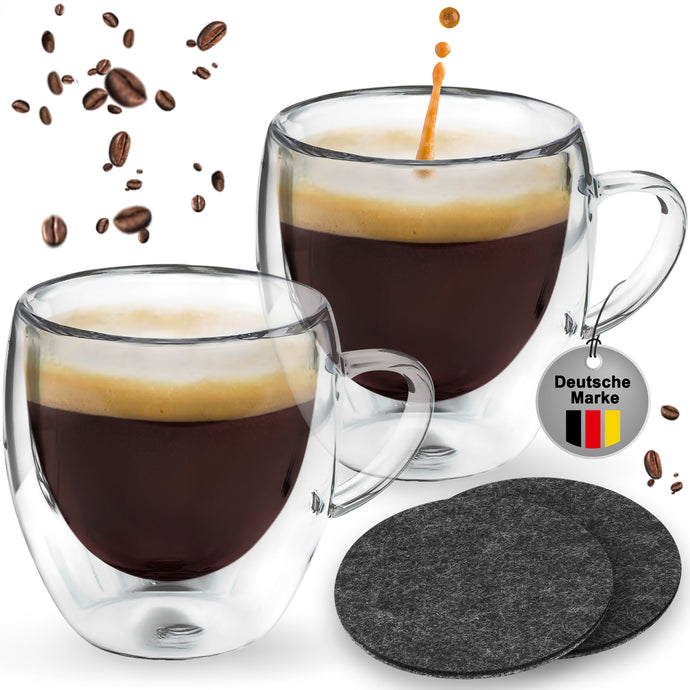 Espressogläser 80ml mit Henkel & Untersetzer